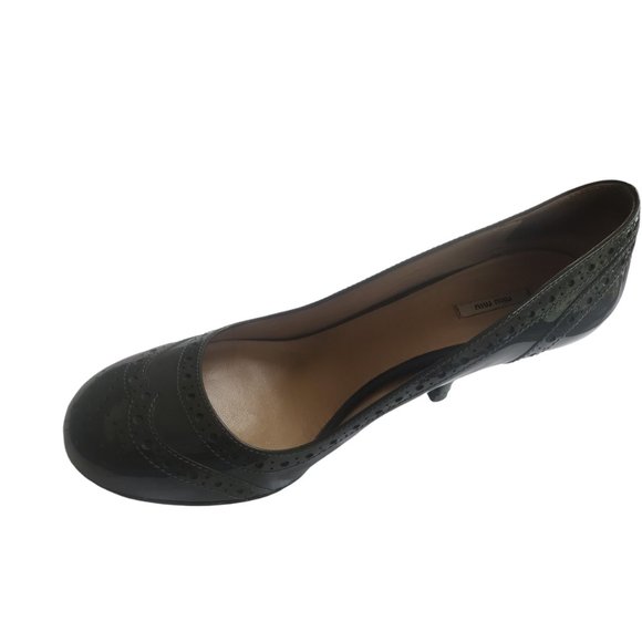 MIU MIU SAGE GREEN GREY SPECTATOR Patent Leather Round-Toe Heels! Size 37.5! - Picture 4 of 7